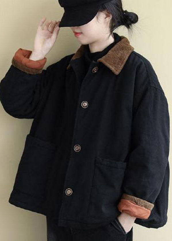 Black Peter Pan Collar Pockets Fine Cotton Filled Coats Winter
