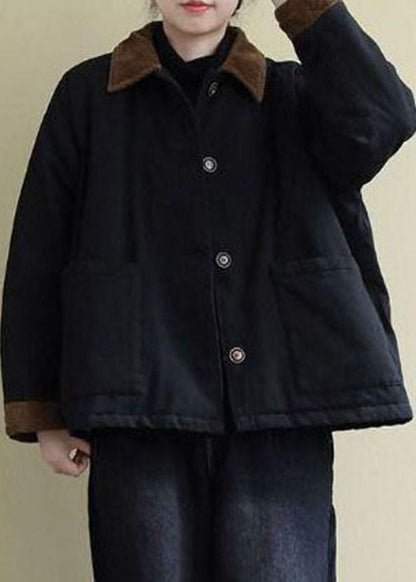 Black Peter Pan Collar Pockets Fine Cotton Filled Coats Winter
