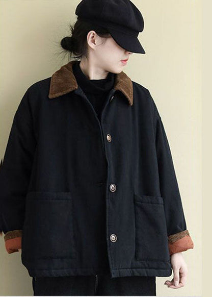 Black Peter Pan Collar Pockets Fine Cotton Filled Coats Winter