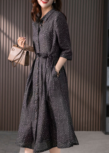 Black Peter Pan Collar Print Button Tie Waist Linen Long Shirts Dress Long Sleeve