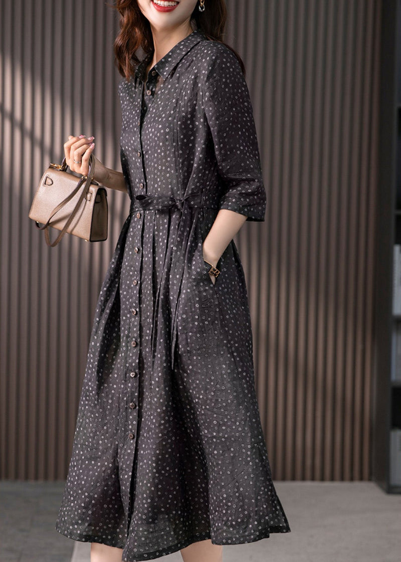 Black Peter Pan Collar Print Button Tie Waist Linen Long Shirts Dress Long Sleeve
