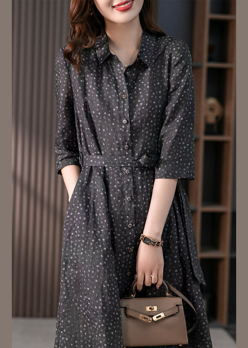 Black Peter Pan Collar Print Button Tie Waist Linen Long Shirts Dress Long Sleeve