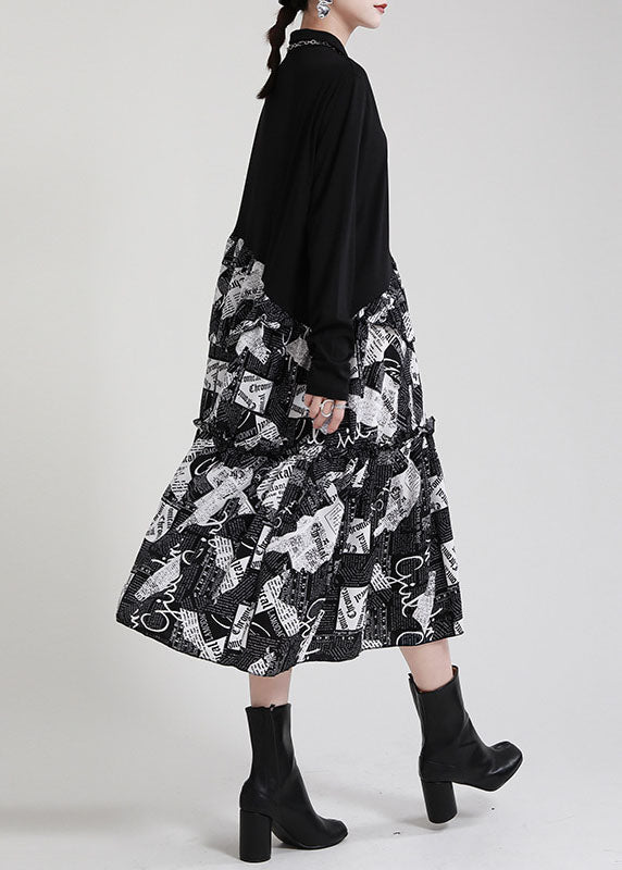 Black Peterpan Collar Patchwork Asymmetrical Design Ruffled Fall Dress Long Sleeve