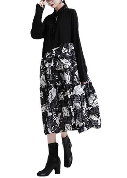 Black Peterpan Collar Patchwork Asymmetrical Design Ruffled Fall Dress Long Sleeve