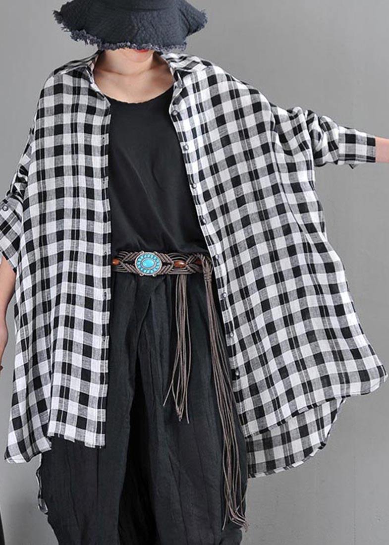 Black Plaid Batwing Sleeve Linen Top Summer
