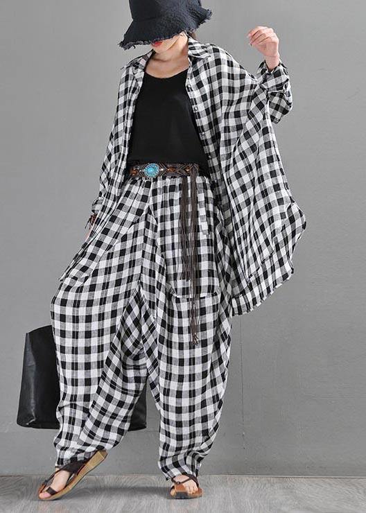 Vintage Black Plaid Batwing Sleeve Linen Top Summer
