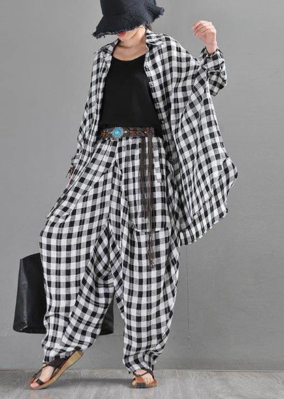 Vintage Black Plaid Batwing Sleeve Linen Top Summer