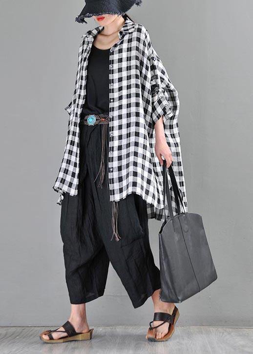 Vintage Black Plaid Batwing Sleeve Linen Top Summer