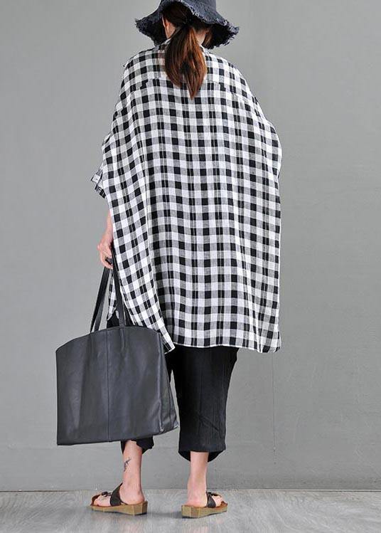 Vintage Black Plaid Batwing Sleeve Linen Top Summer