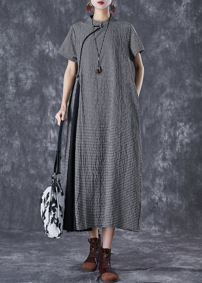 Black Plaid Patchwork Linen Cheongsam Dresses Summer