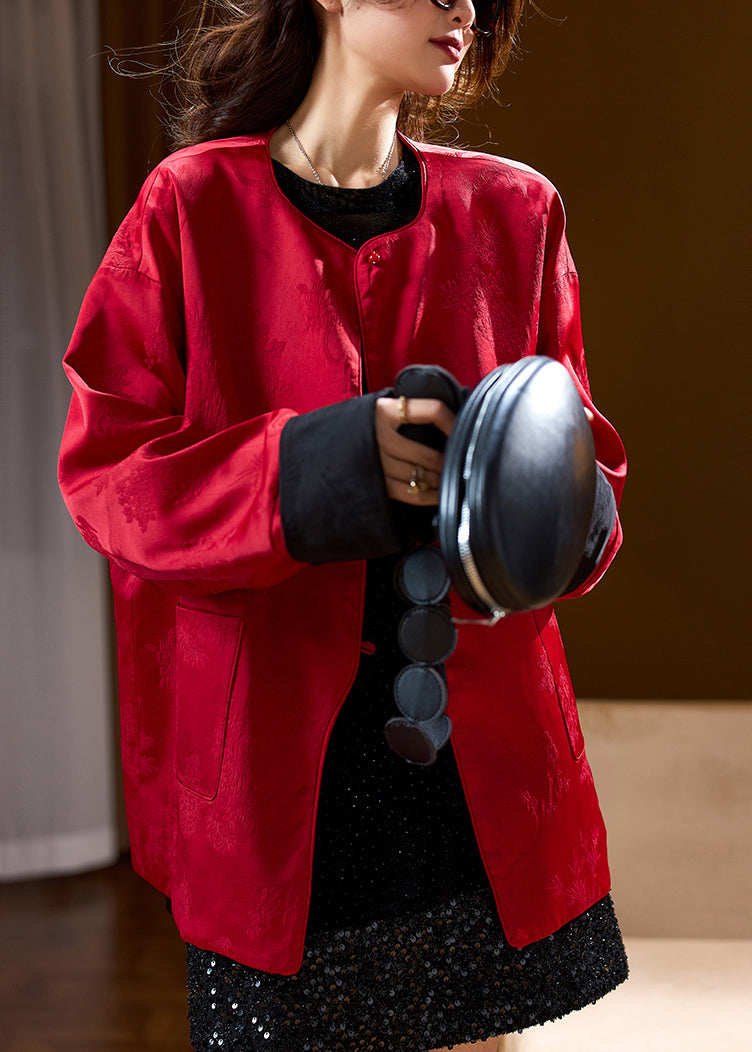 Black Pockets Button Jacquard Wear on Both Sides Silk Coats Fall