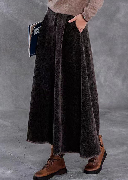 Black Pockets Elastic Waist Corduroy Skirts Spring