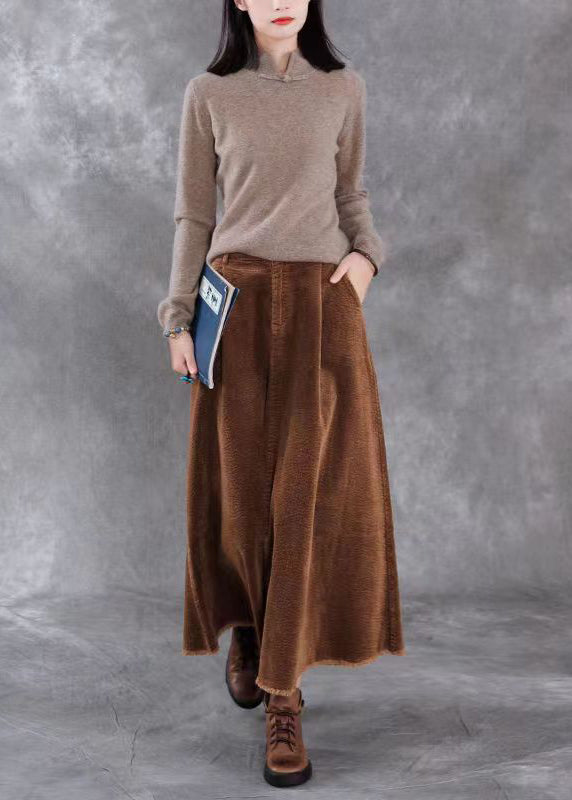Black Pockets Elastic Waist Corduroy Skirts Spring