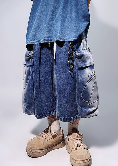 Black Pockets Elastic Waist Oversized Denim Shorts Summer