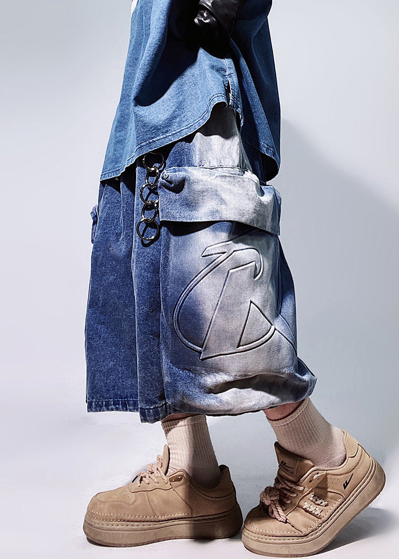 Black Pockets Elastic Waist Oversized Denim Shorts Summer