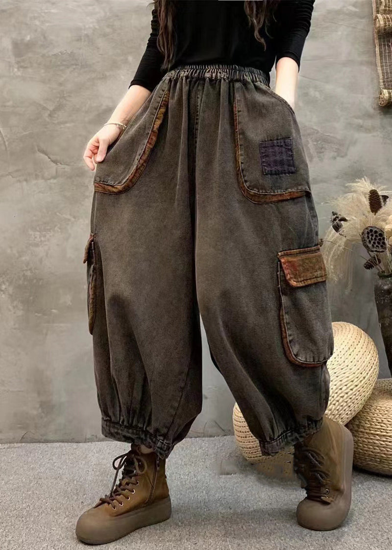 Black Pockets Elastic Waist Patchwork Denim Harem Pants Fall