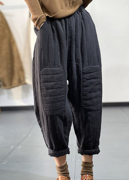 Black Pockets Elastic Waist Thick Warm Harem Pants Winter
