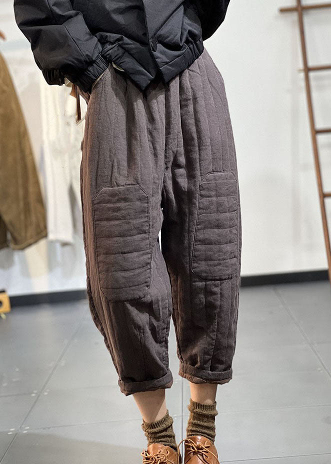 Black Pockets Elastic Waist Thick Warm Harem Pants Winter