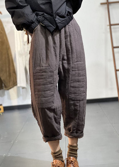 Black Pockets Elastic Waist Thick Warm Harem Pants Winter