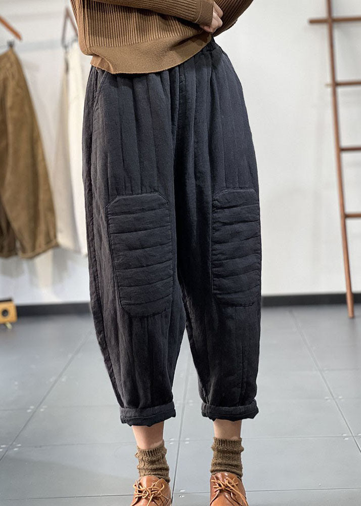 Black Pockets Elastic Waist Thick Warm Harem Pants Winter