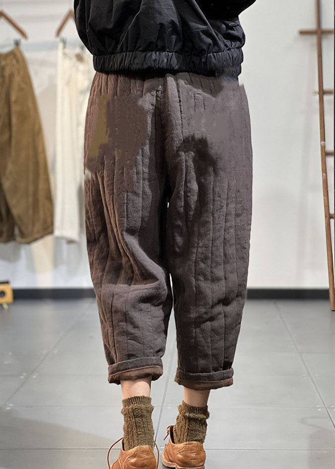 Black Pockets Elastic Waist Thick Warm Harem Pants Winter