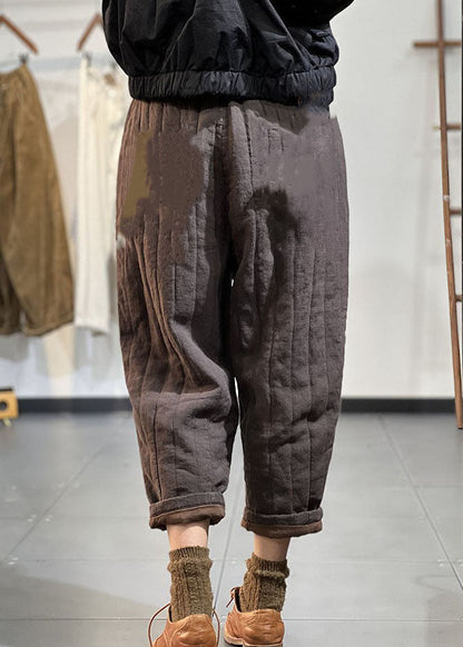 Black Pockets Elastic Waist Thick Warm Harem Pants Winter