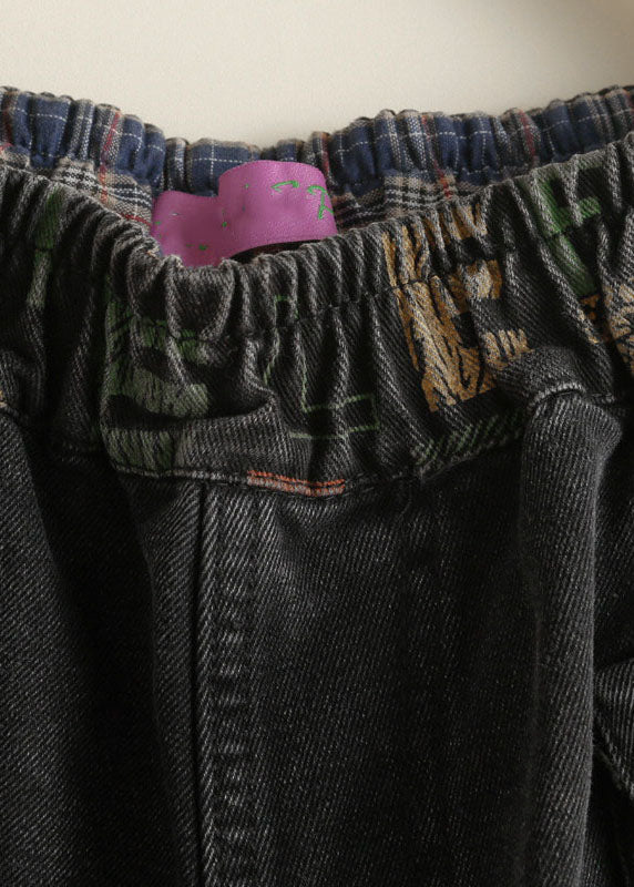 Black Pockets Graphic Print Denim Harem Pants Spring