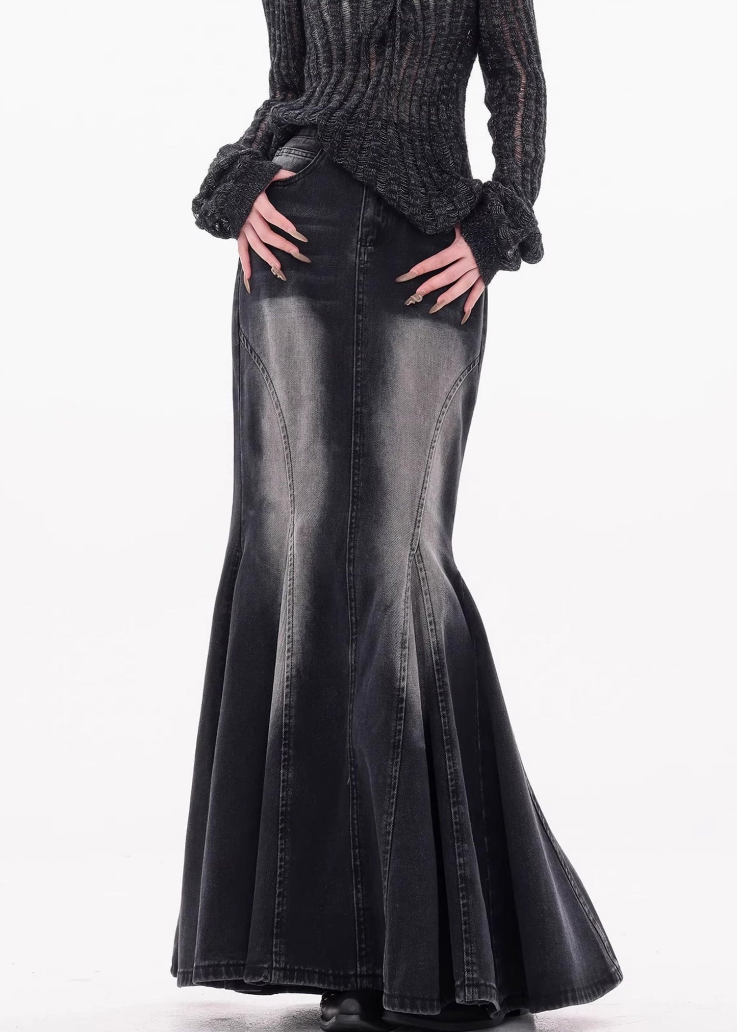 Black Pockets High Waist Denim Maxi Skirts Fall