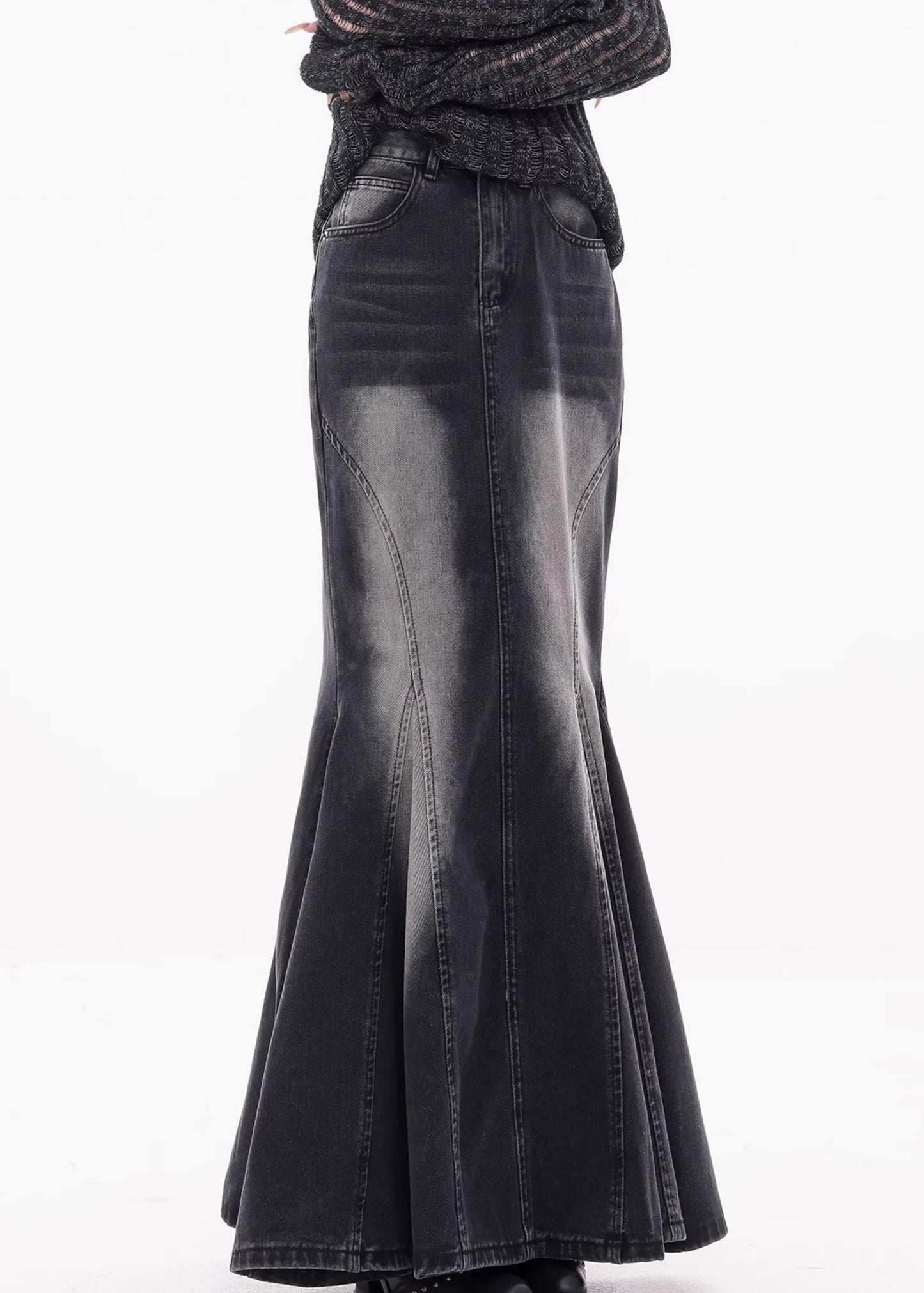 Black Pockets High Waist Denim Maxi Skirts Fall