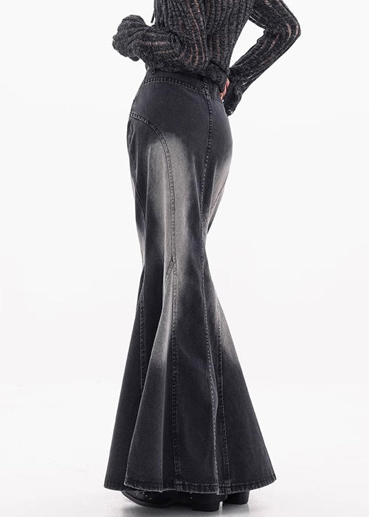 Black Pockets High Waist Denim Maxi Skirts Fall
