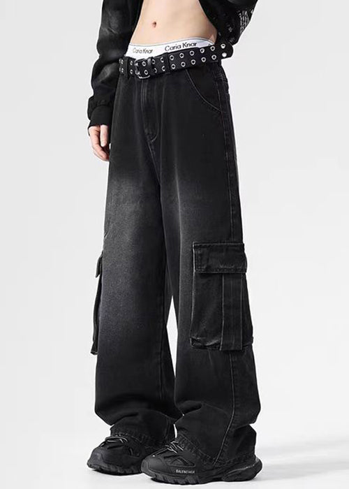 Black Pockets High Waist Denim Pants Spring