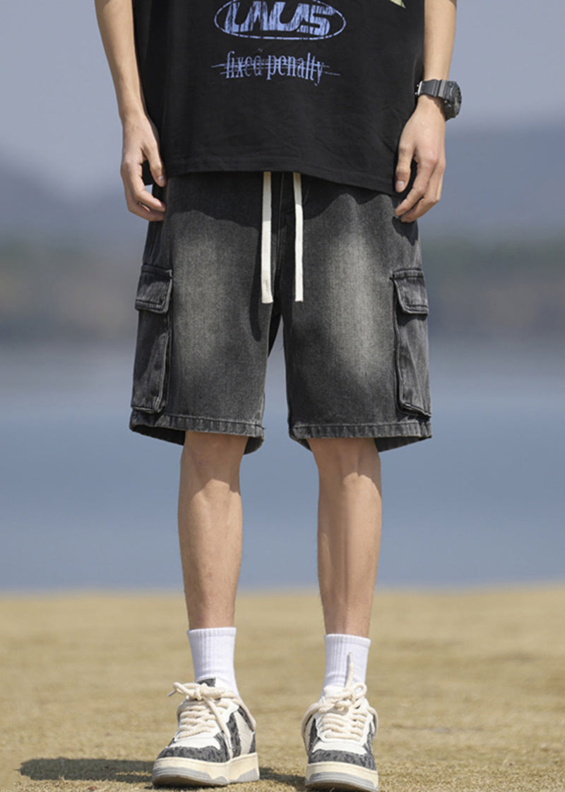 Black Pockets Lace Up Denim Shorts Summer