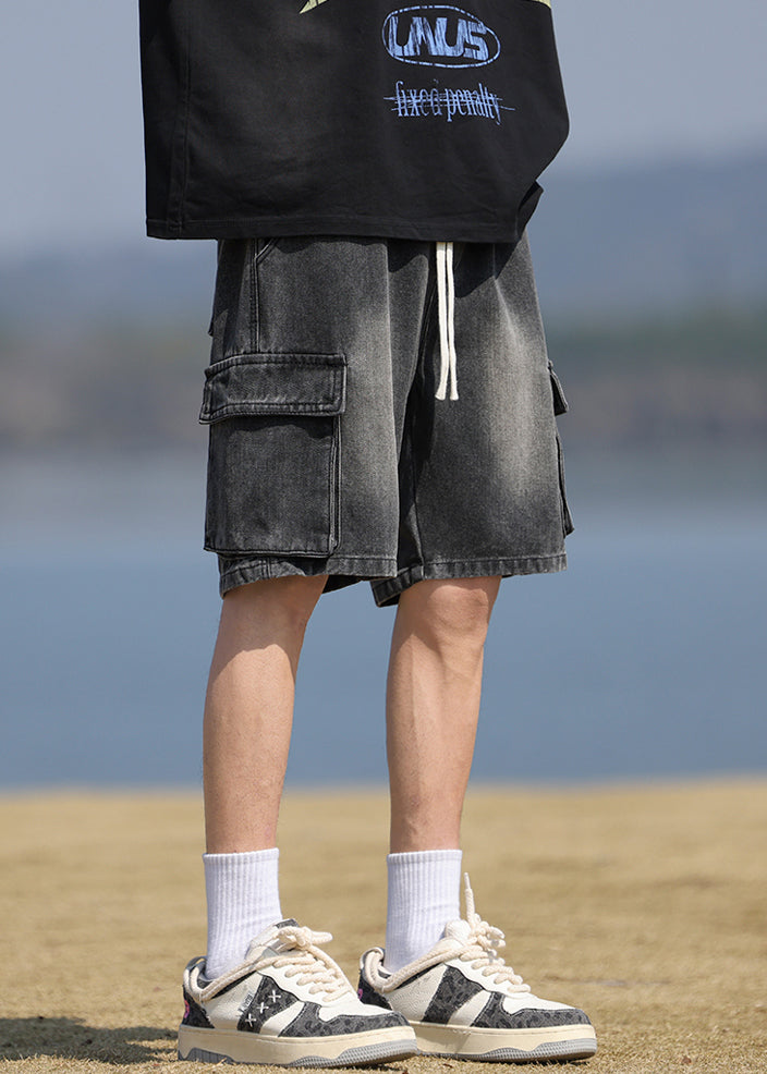 Black Pockets Lace Up Denim Shorts Summer