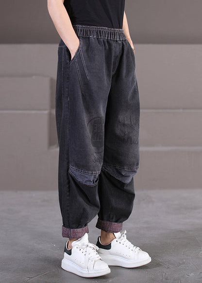 Black Pockets Print Elastic Waist Denim Pants Fall