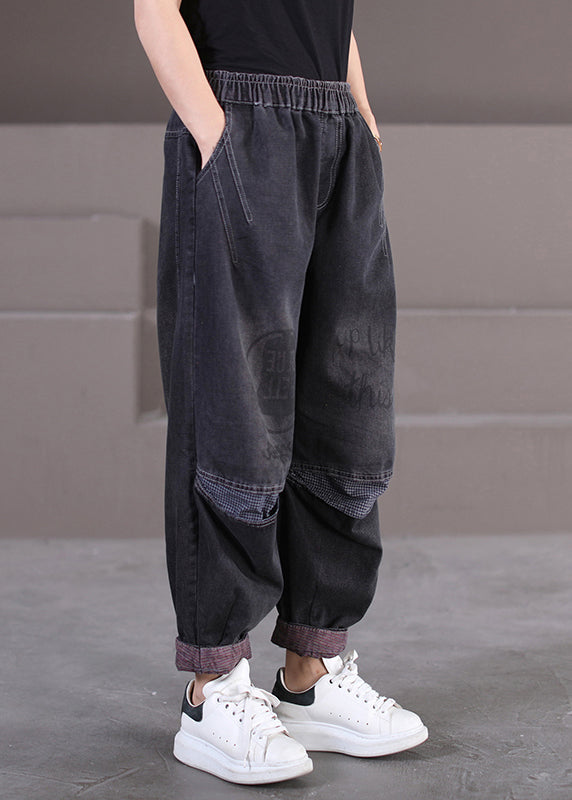 Black Pockets Print Elastic Waist Denim Pants Fall
