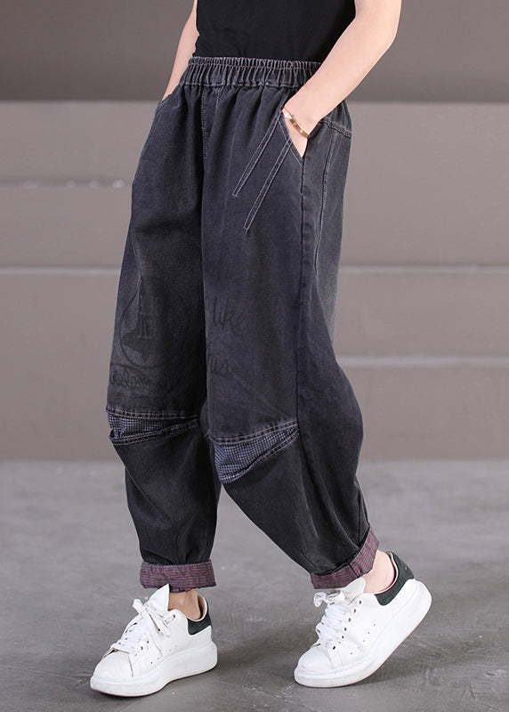Black Pockets Print Elastic Waist Denim Pants Fall
