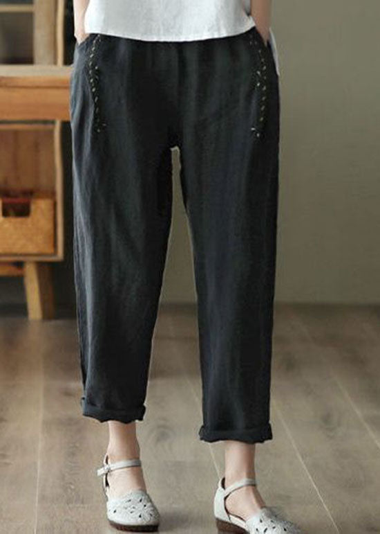 Black Pocketspatchwork Linen Pants Summer