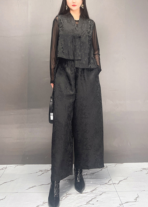 Black Print Asymmetrical Silk Cotton Waistcoat and Wide Leg Pants Two Piece Set Spring
