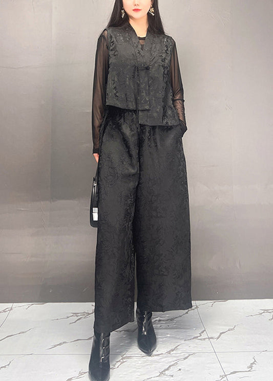 Black Print Asymmetrical Silk Cotton Waistcoat and Wide Leg Pants Two Piece Set Spring