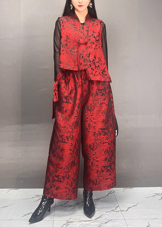 Black Print Asymmetrical Silk Cotton Waistcoat and Wide Leg Pants Two Piece Set Spring