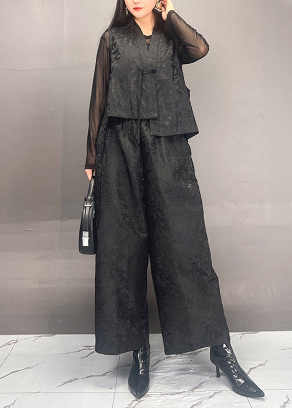 Black Print Asymmetrical Silk Cotton Waistcoat and Wide Leg Pants Two Piece Set Spring