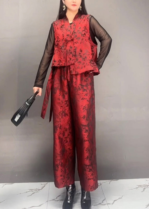 Black Print Asymmetrical Silk Cotton Waistcoat and Wide Leg Pants Two Piece Set Spring