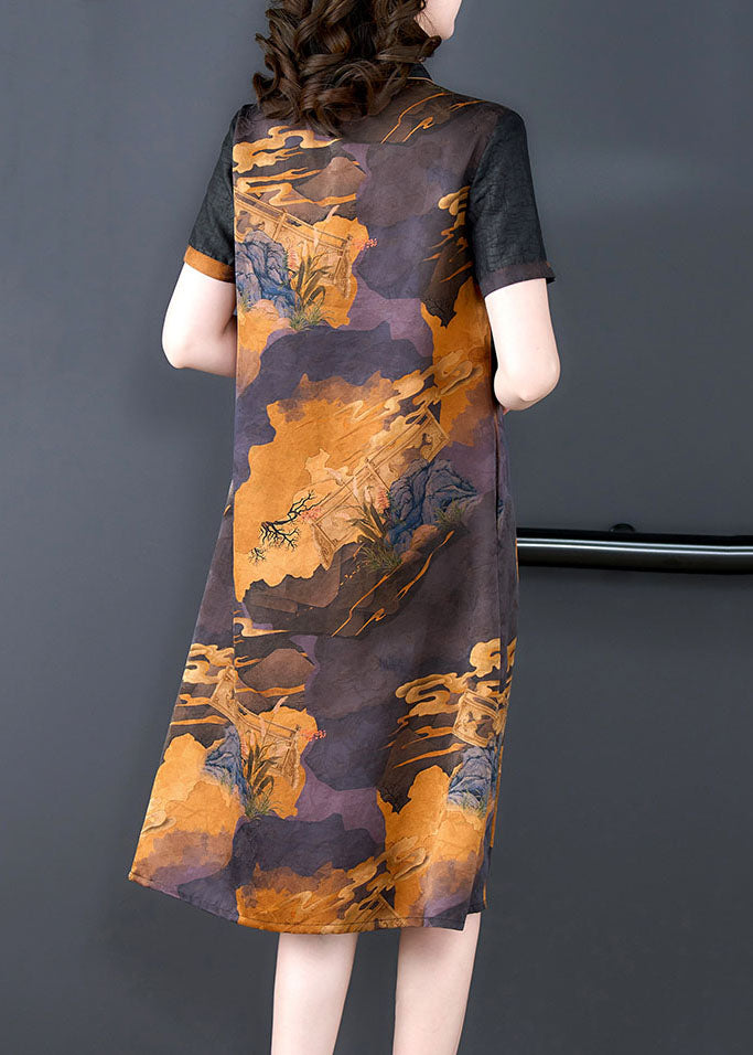 Black Print Button Patchwork Silk Mid Dress Summer