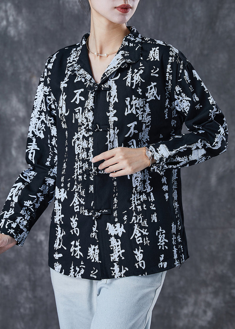 Black Print Chinese Button Cotton Shirt Spring