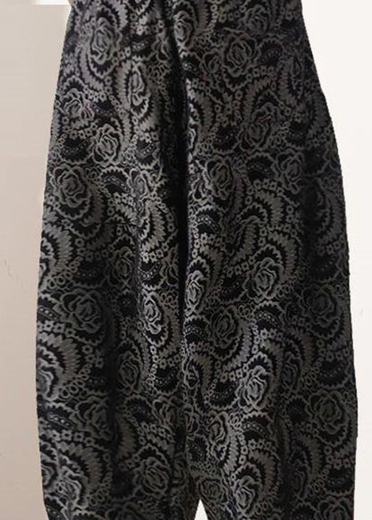 Black Print Elastic Waist Lantern Pants Spring