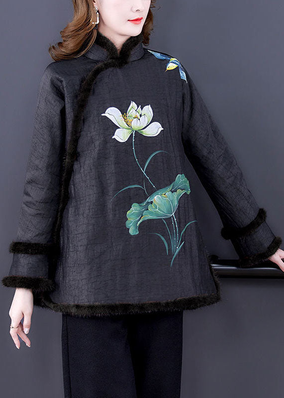Black Print Fur Collar Fine Cotton Filled Warm Coats Winter