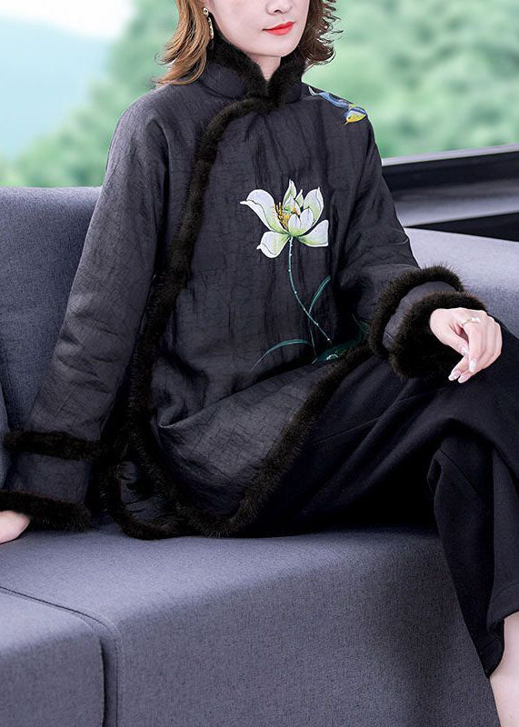 Black Print Fur Collar Fine Cotton Filled Warm Coats Winter
