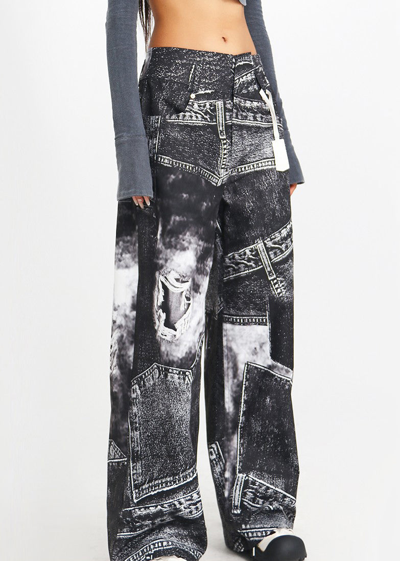 Black Print High Waist Denim Pants Spring