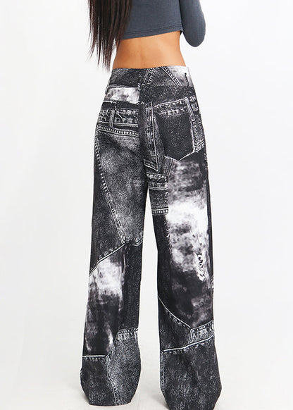 Black Print High Waist Denim Pants Spring