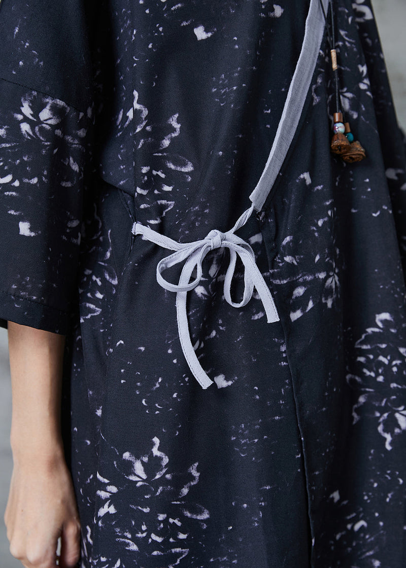 Black Print Lace Up Linen Blouses Summer